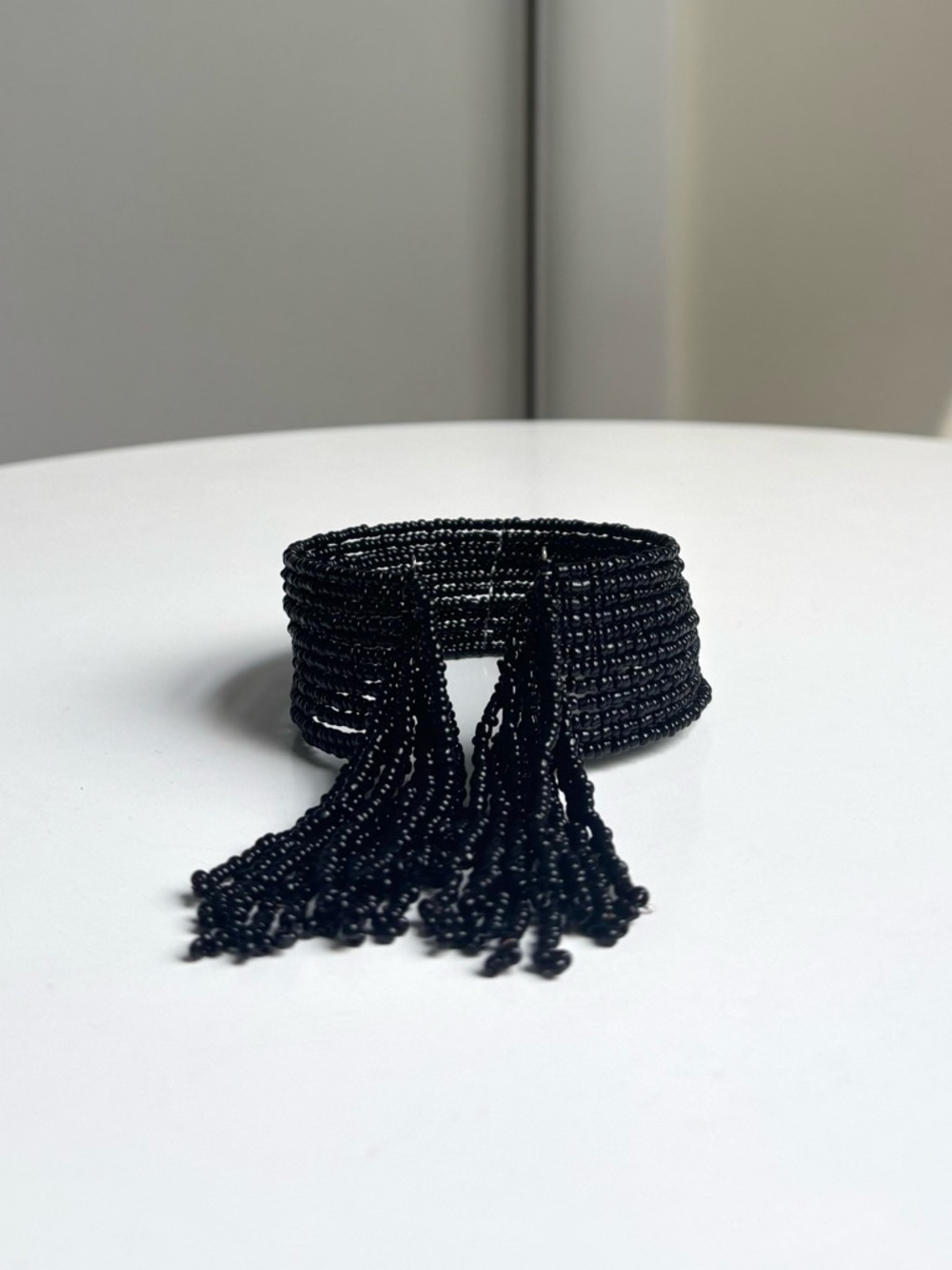 Black Beaded Fringe Cuff Bracelet